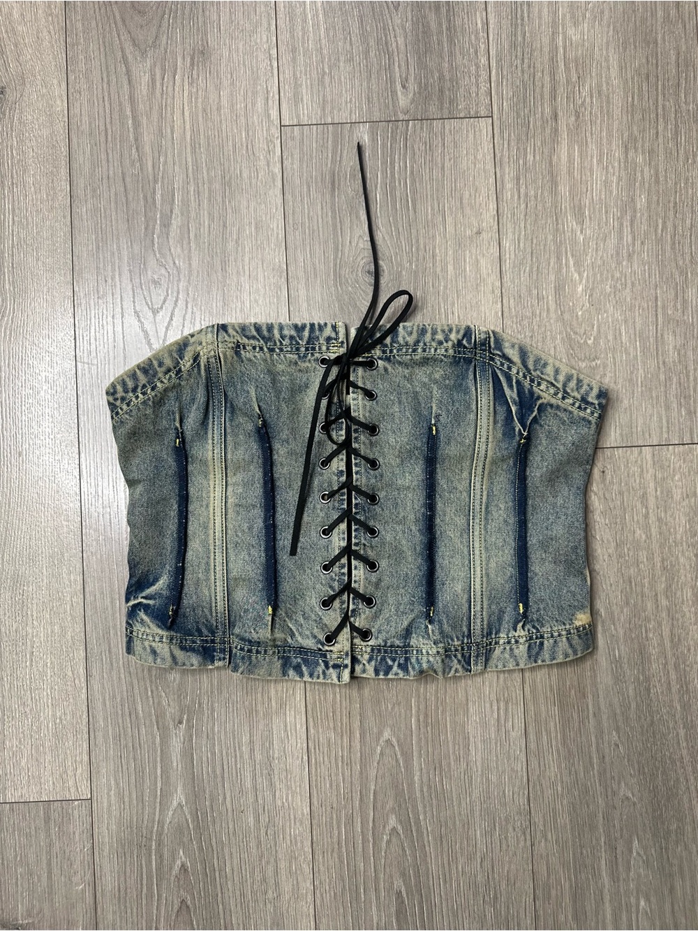 Dolls Kill Distressed Denim Lace-Up Corset Top - Blue